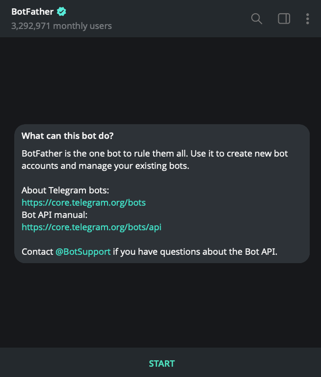 BotFather 机器人验证标识和 Start 按钮